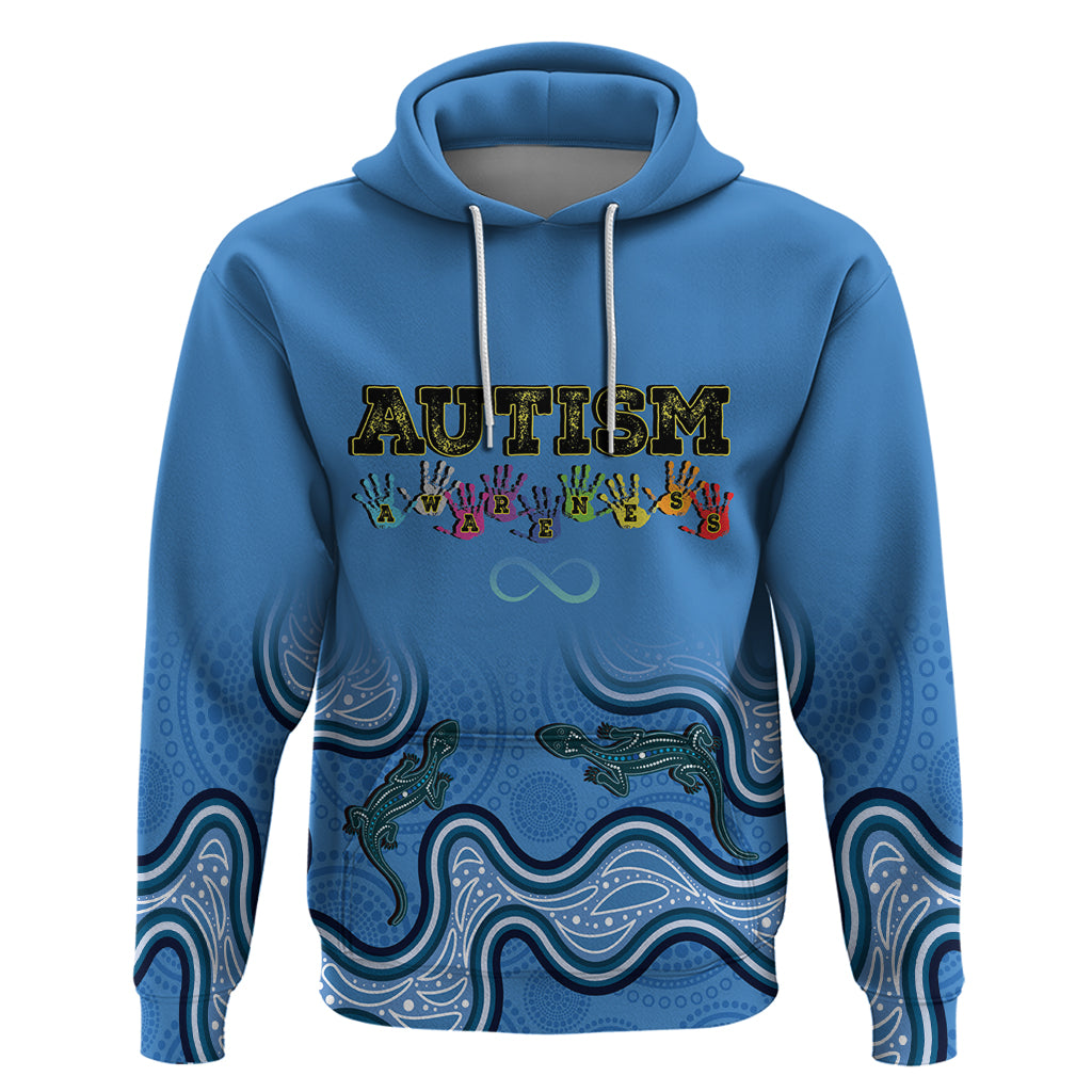 Australia Autism Awareness Hoodie In April We Wear Blue Aboriginal Lizard