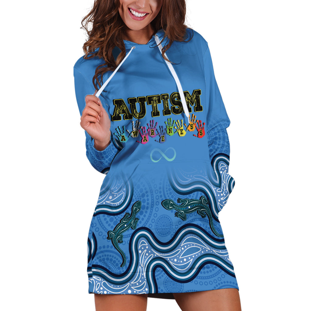 Australia Autism Awareness Hoodie Dress In April We Wear Blue Aboriginal Lizard