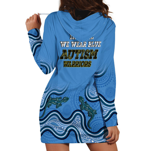 Australia Autism Awareness Hoodie Dress In April We Wear Blue Aboriginal Lizard