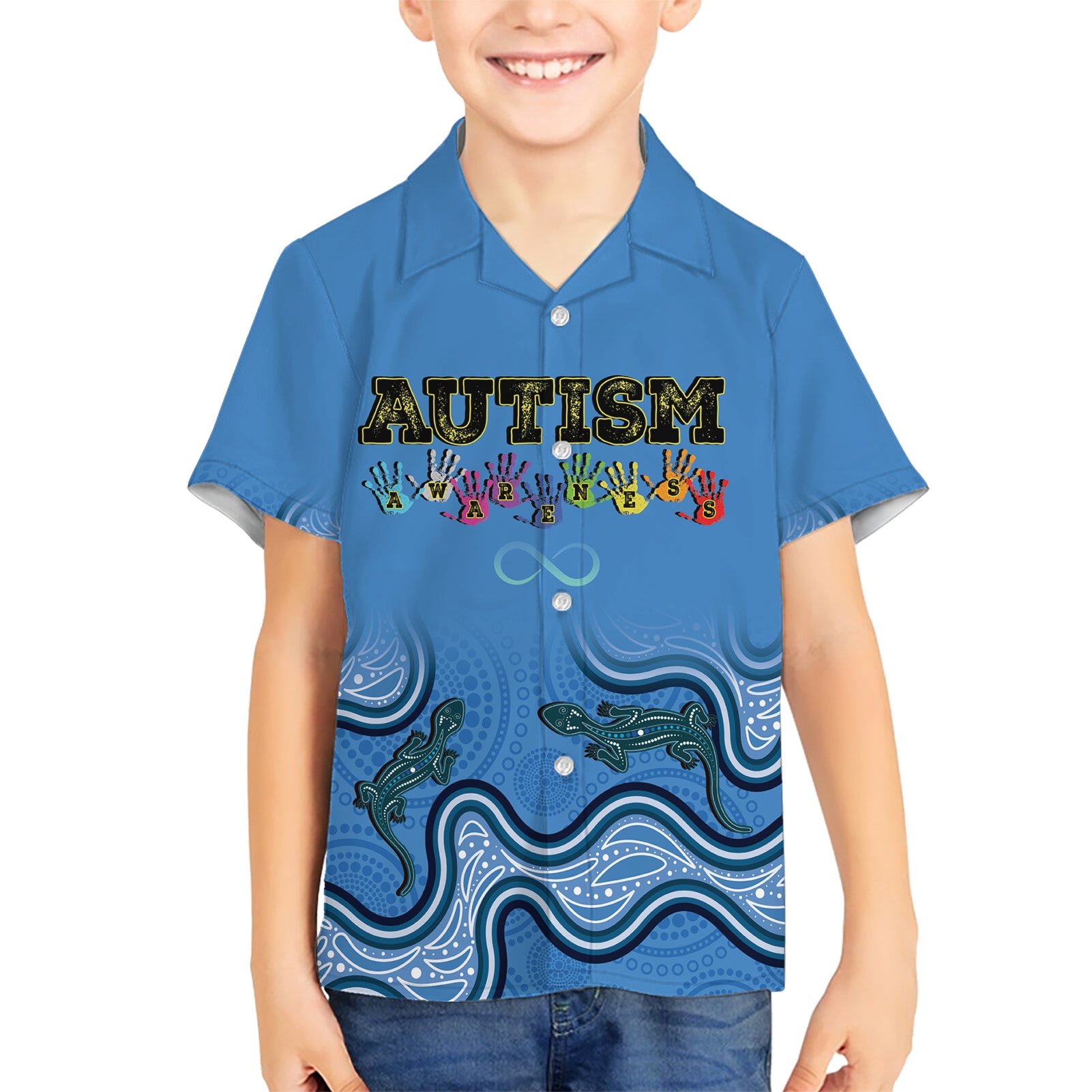 Australia Autism Awareness Kid Hawaiian Shirt In April We Wear Blue Aboriginal Lizard