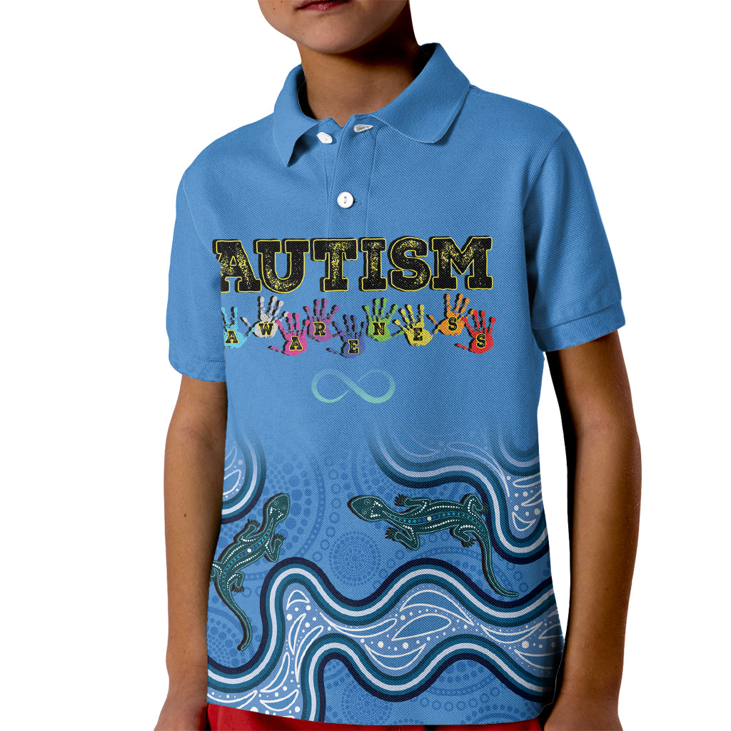 Australia Autism Awareness Kid Polo Shirt In April We Wear Blue Aboriginal Lizard