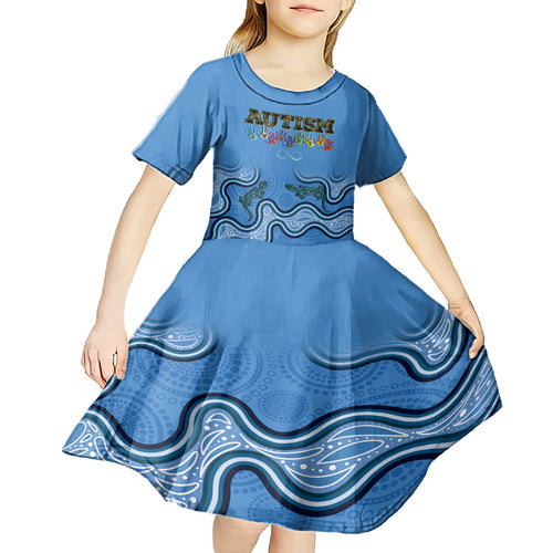 Australia Autism Awareness Kid Short Sleeve Dress In April We Wear Blue Aboriginal Lizard