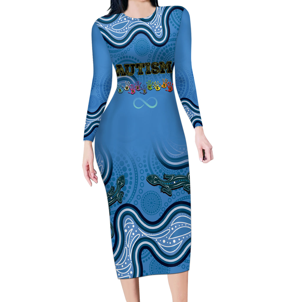 Australia Autism Awareness Long Sleeve Bodycon Dress In April We Wear Blue Aboriginal Lizard