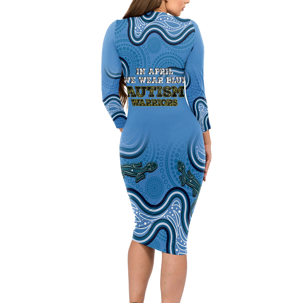 Australia Autism Awareness Long Sleeve Bodycon Dress In April We Wear Blue Aboriginal Lizard