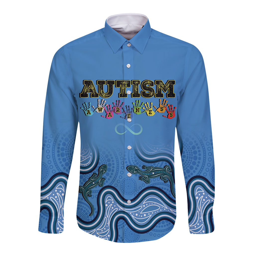 Australia Autism Awareness Long Sleeve Button Shirt In April We Wear Blue Aboriginal Lizard