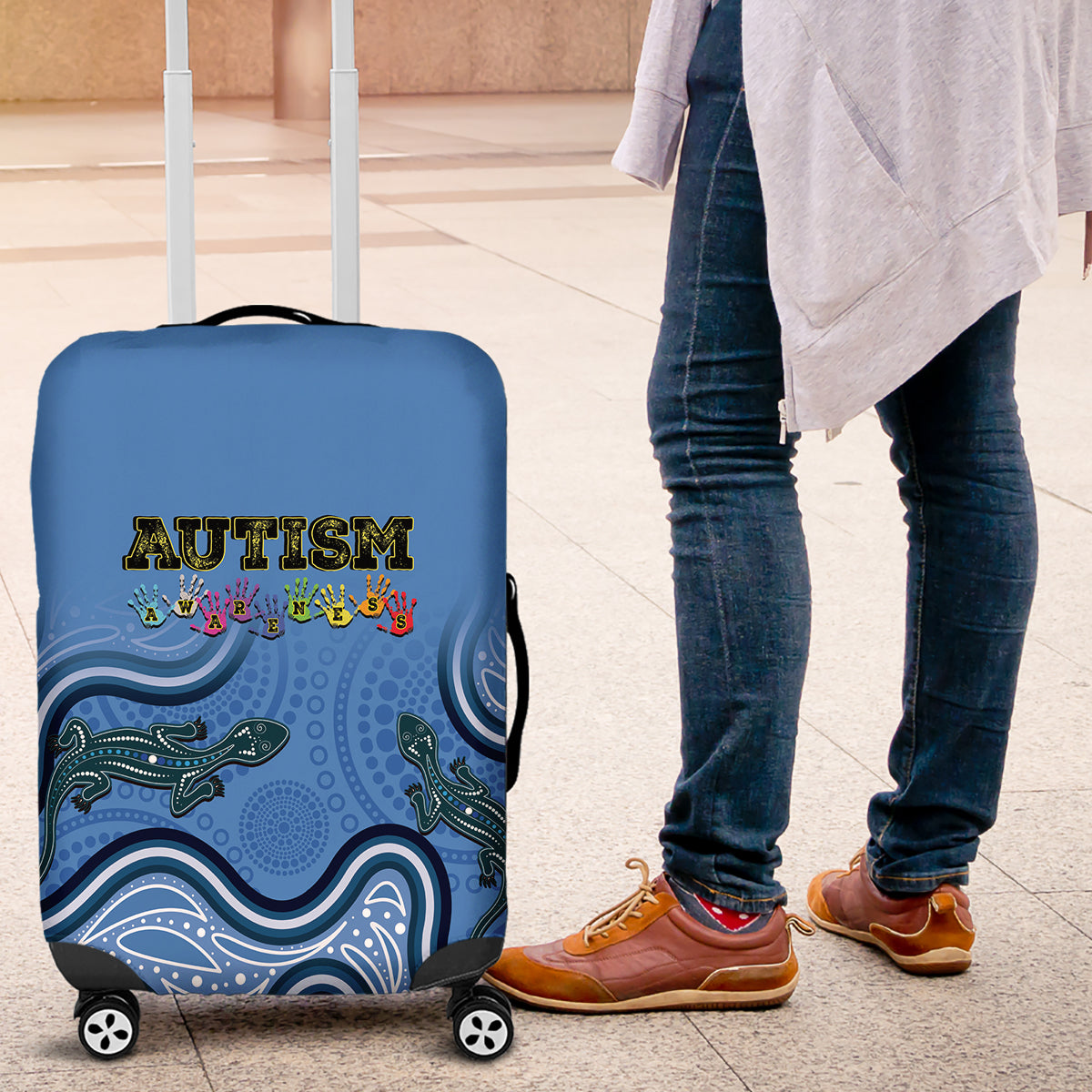 Australia Autism Awareness Luggage Cover In April We Wear Blue Aboriginal Lizard