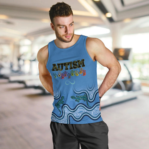Australia Autism Awareness Men Tank Top In April We Wear Blue Aboriginal Lizard