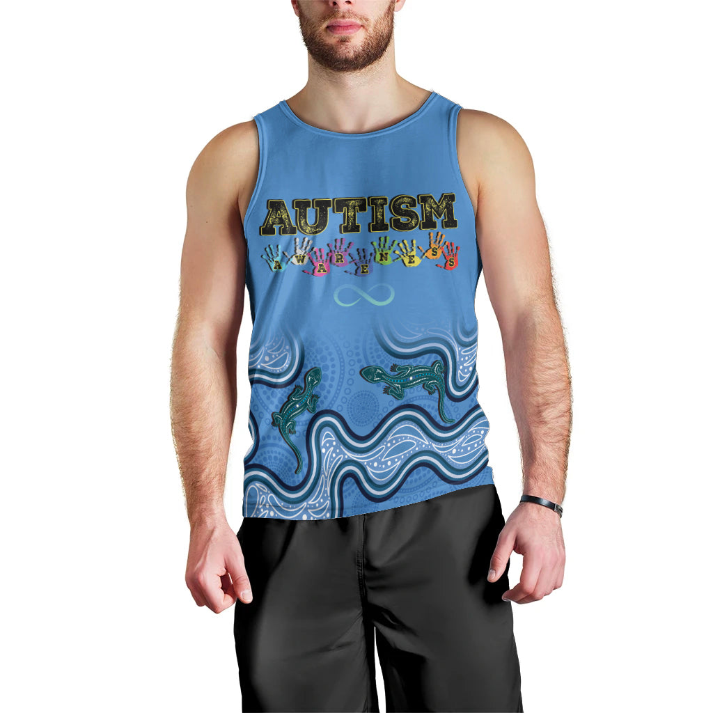Australia Autism Awareness Men Tank Top In April We Wear Blue Aboriginal Lizard