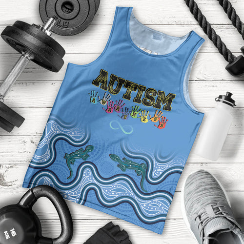 Australia Autism Awareness Men Tank Top In April We Wear Blue Aboriginal Lizard