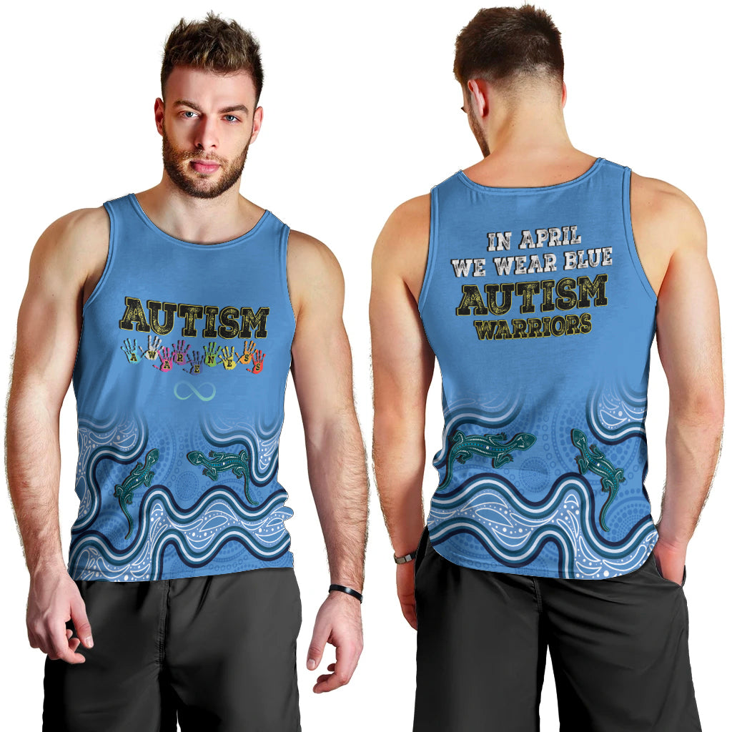 Australia Autism Awareness Men Tank Top In April We Wear Blue Aboriginal Lizard