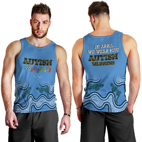 Australia Autism Awareness Men Tank Top In April We Wear Blue Aboriginal Lizard