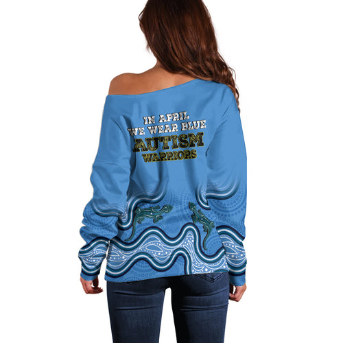 Australia Autism Awareness Off Shoulder Sweater In April We Wear Blue Aboriginal Lizard