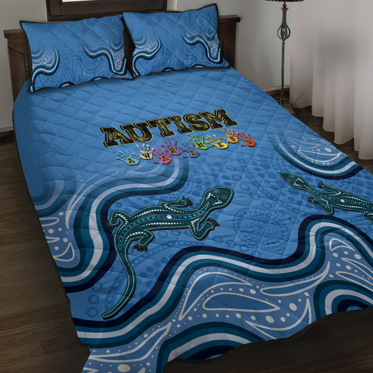 Australia Autism Awareness Quilt Bed Set In April We Wear Blue Aboriginal Lizard