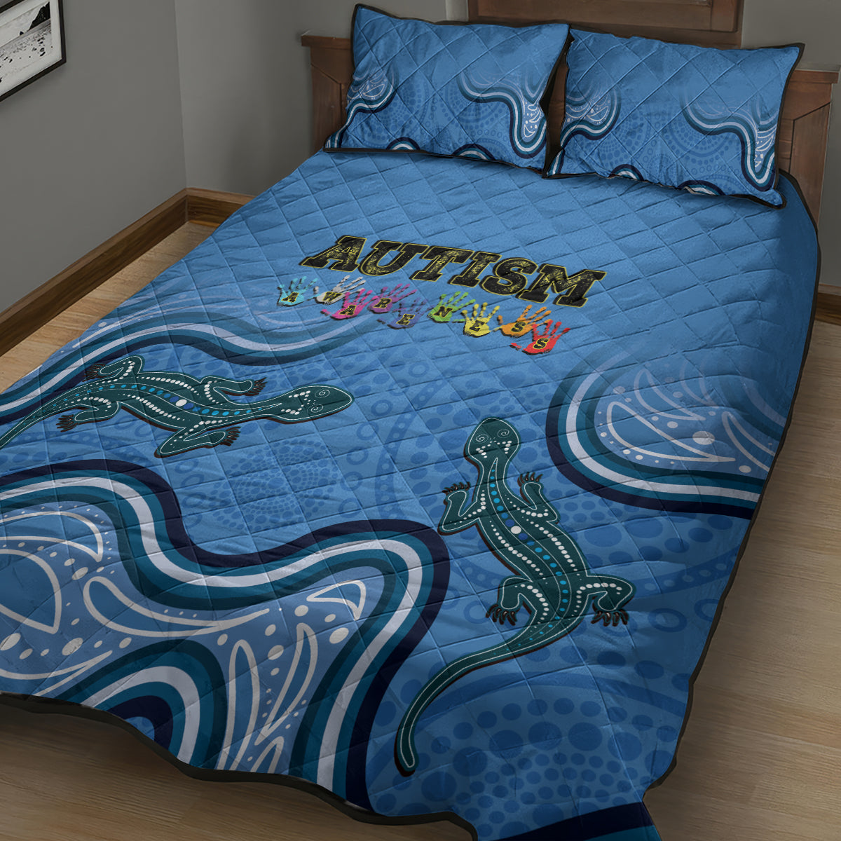 Australia Autism Awareness Quilt Bed Set In April We Wear Blue Aboriginal Lizard