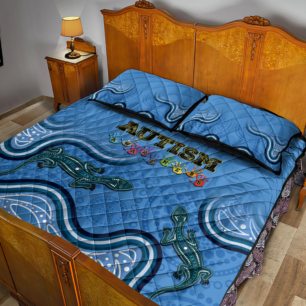 Australia Autism Awareness Quilt Bed Set In April We Wear Blue Aboriginal Lizard