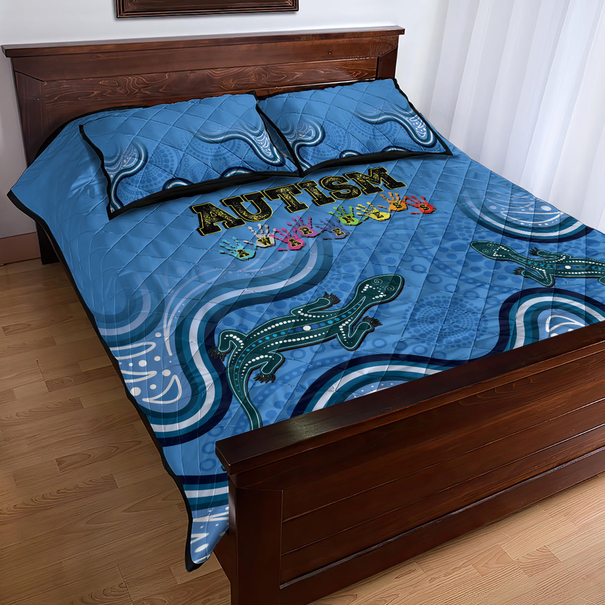 Australia Autism Awareness Quilt Bed Set In April We Wear Blue Aboriginal Lizard
