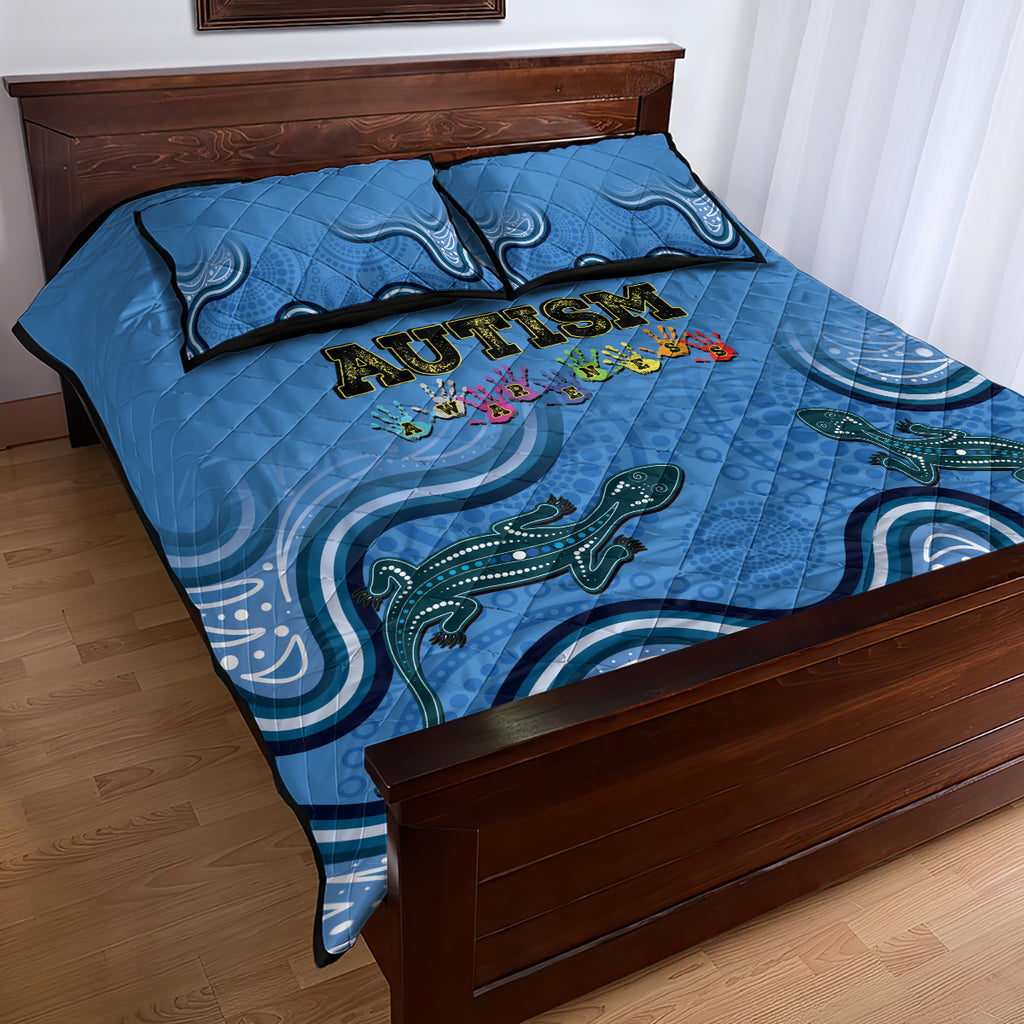 Australia Autism Awareness Quilt Bed Set In April We Wear Blue Aboriginal Lizard