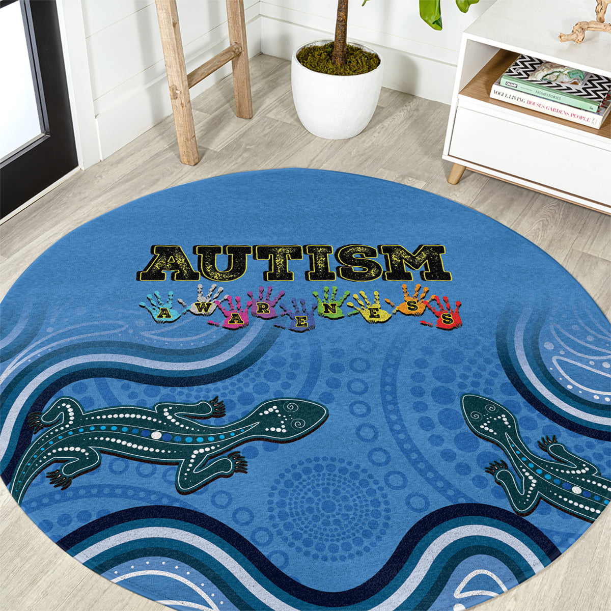 Australia Autism Awareness Round Carpet In April We Wear Blue Aboriginal Lizard