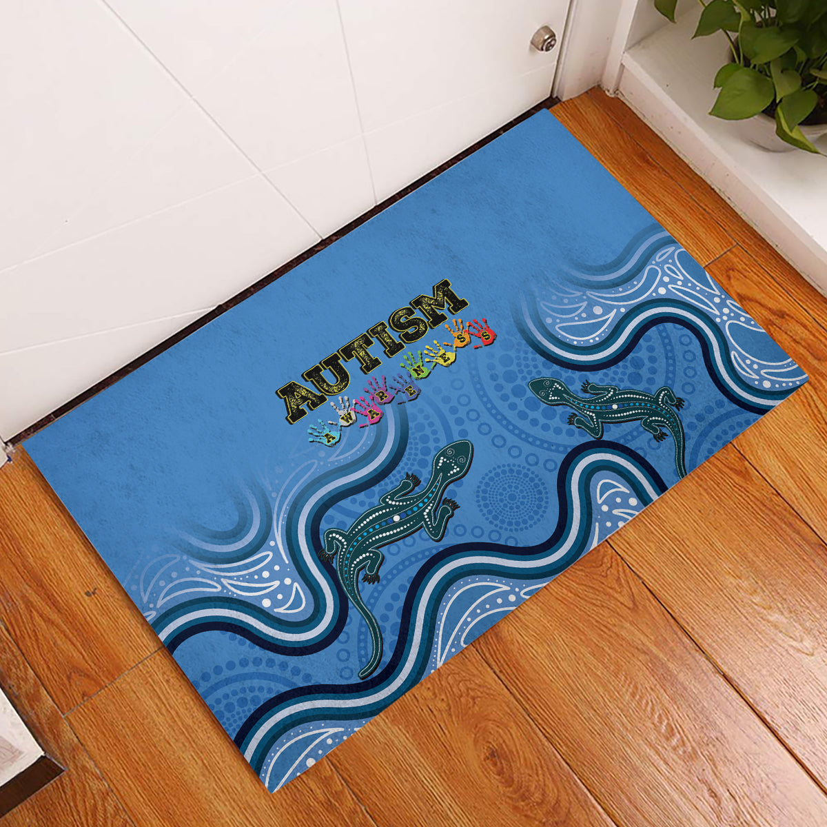 Australia Autism Awareness Rubber Doormat In April We Wear Blue Aboriginal Lizard