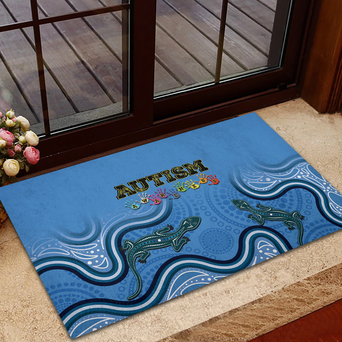 Australia Autism Awareness Rubber Doormat In April We Wear Blue Aboriginal Lizard