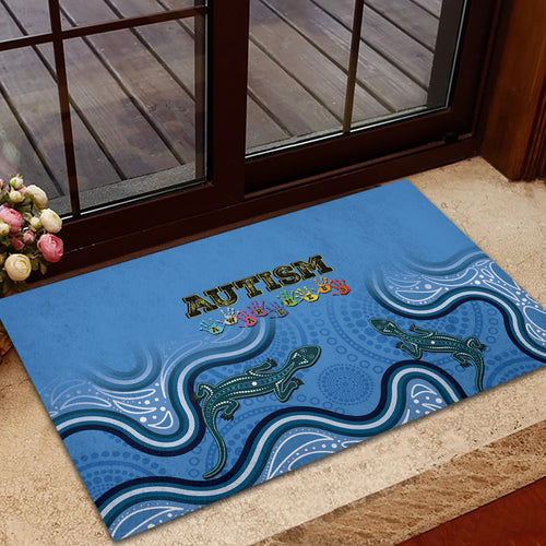 Australia Autism Awareness Rubber Doormat In April We Wear Blue Aboriginal Lizard