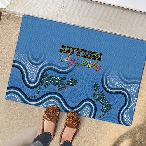 Australia Autism Awareness Rubber Doormat In April We Wear Blue Aboriginal Lizard