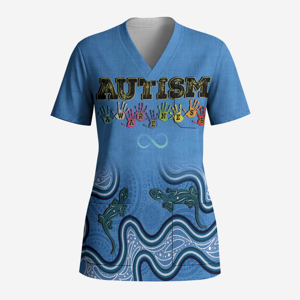 Australia Autism Awareness Scrub Top In April We Wear Blue Aboriginal Lizard - Aussie Hoodie