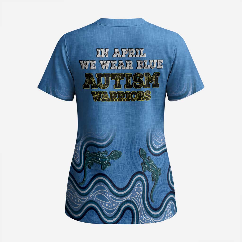Australia Autism Awareness Scrub Top In April We Wear Blue Aboriginal Lizard - Aussie Hoodie