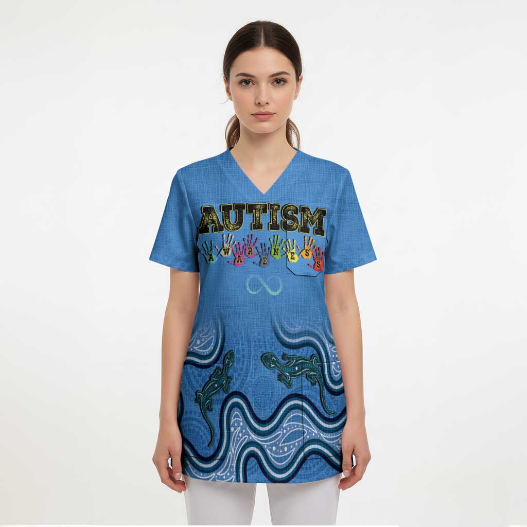 Australia Autism Awareness Scrub Top In April We Wear Blue Aboriginal Lizard - Aussie Hoodie