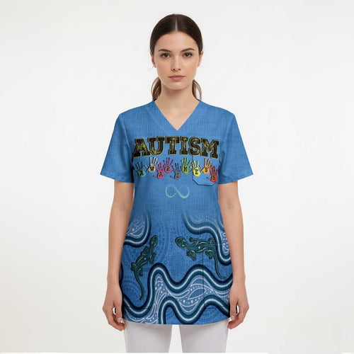 Australia Autism Awareness Scrub Top In April We Wear Blue Aboriginal Lizard - Aussie Hoodie
