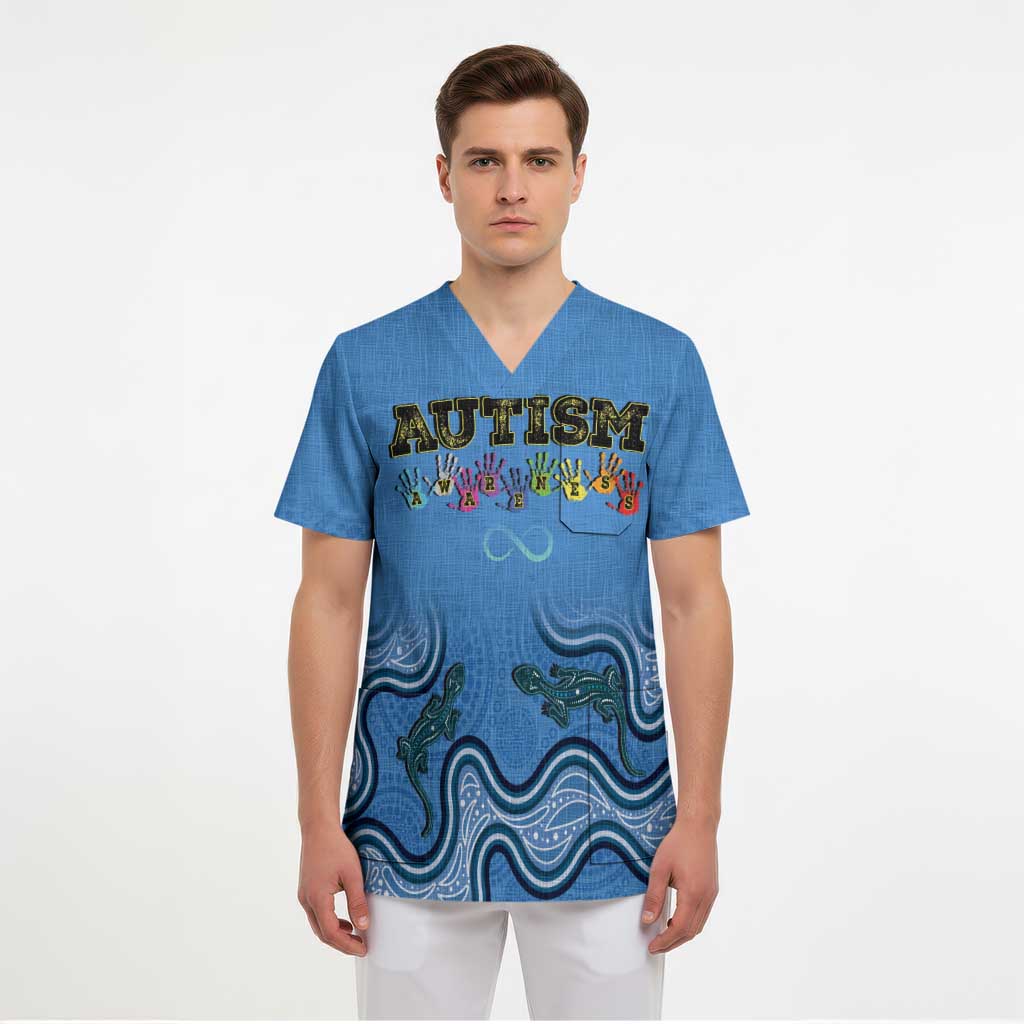 Australia Autism Awareness Scrub Top In April We Wear Blue Aboriginal Lizard - Aussie Hoodie
