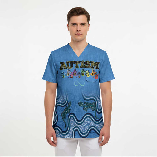 Australia Autism Awareness Scrub Top In April We Wear Blue Aboriginal Lizard - Aussie Hoodie