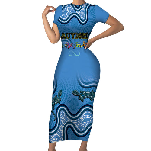 Australia Autism Awareness Short Sleeve Bodycon Dress In April We Wear Blue Aboriginal Lizard