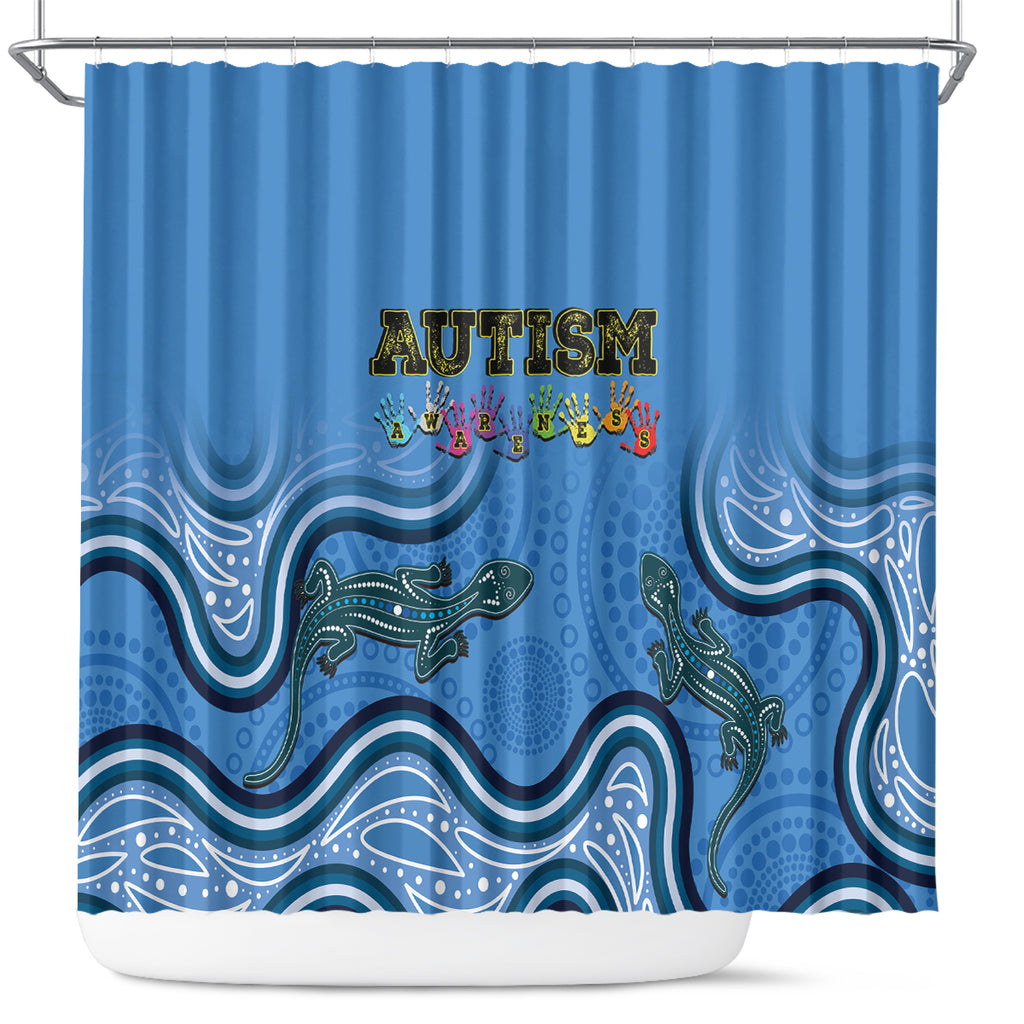 Australia Autism Awareness Shower Curtain In April We Wear Blue Aboriginal Lizard