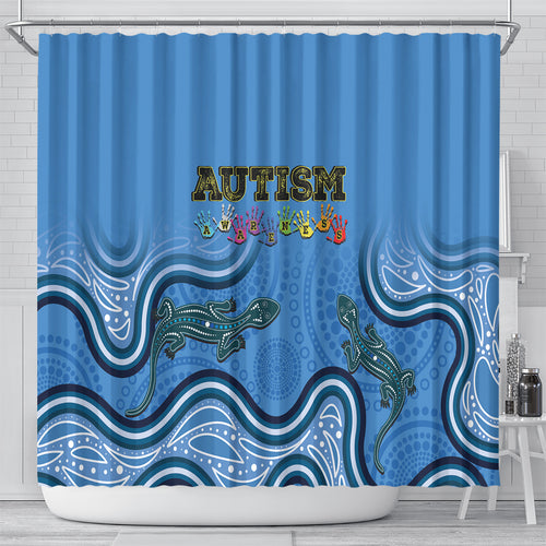 Australia Autism Awareness Shower Curtain In April We Wear Blue Aboriginal Lizard
