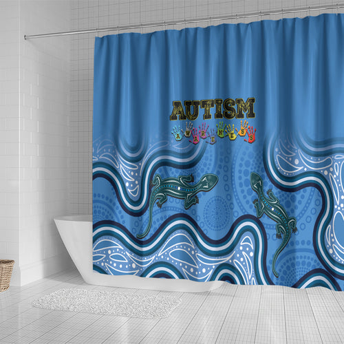 Australia Autism Awareness Shower Curtain In April We Wear Blue Aboriginal Lizard