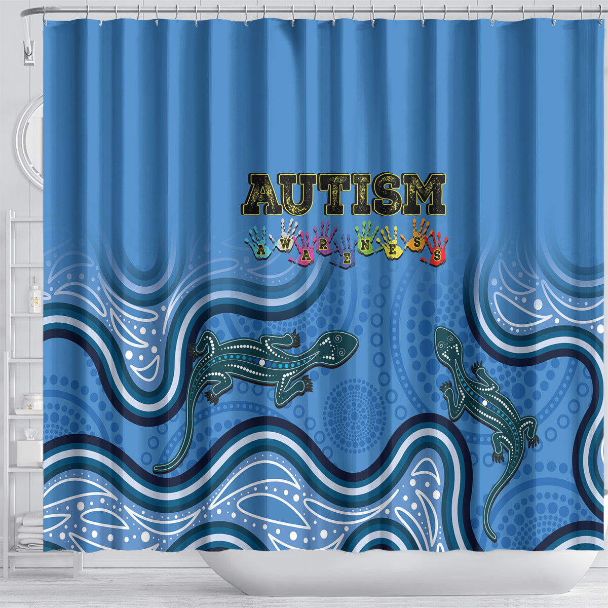 Australia Autism Awareness Shower Curtain In April We Wear Blue Aboriginal Lizard