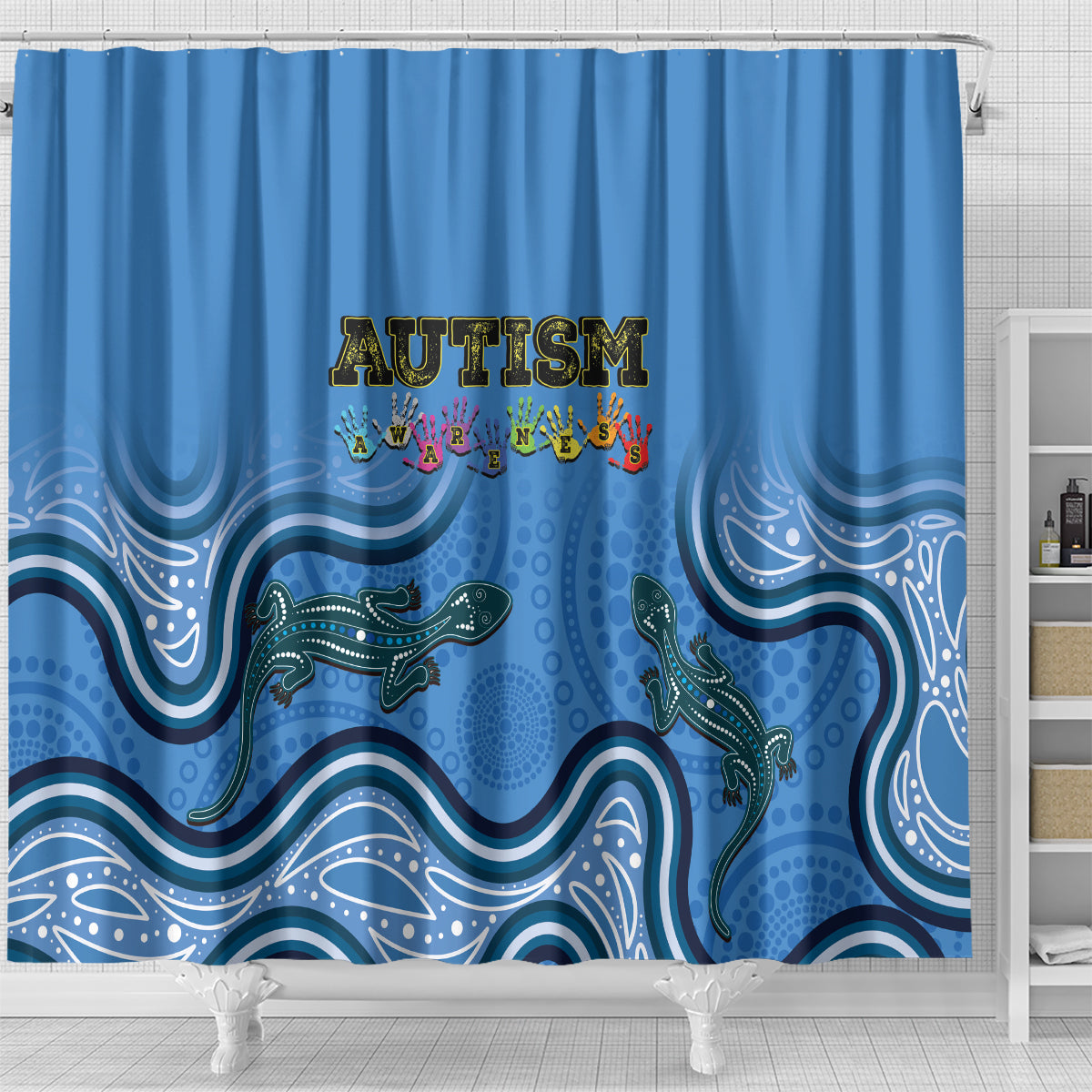 Australia Autism Awareness Shower Curtain In April We Wear Blue Aboriginal Lizard
