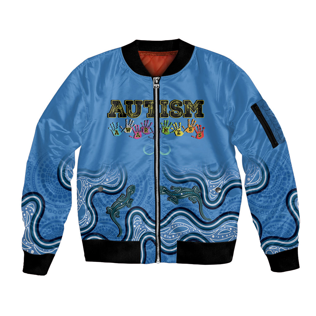 Australia Autism Awareness Sleeve Zip Bomber Jacket In April We Wear Blue Aboriginal Lizard
