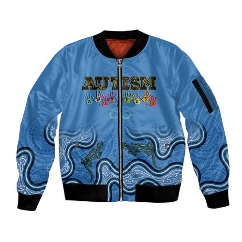 Australia Autism Awareness Sleeve Zip Bomber Jacket In April We Wear Blue Aboriginal Lizard