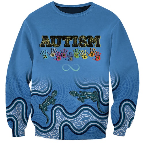 Australia Autism Awareness Sweatshirt In April We Wear Blue Aboriginal Lizard