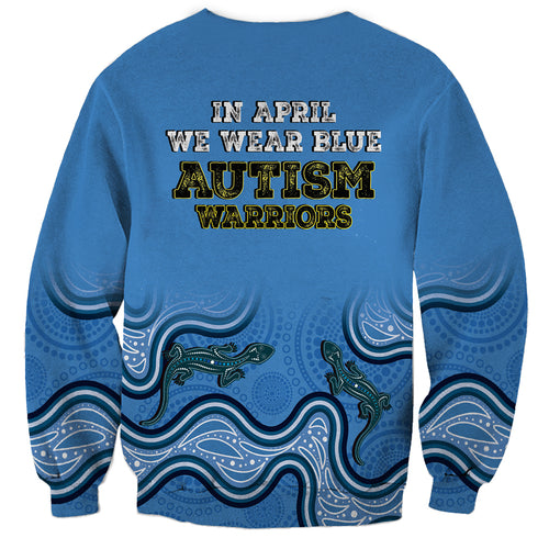 Australia Autism Awareness Sweatshirt In April We Wear Blue Aboriginal Lizard