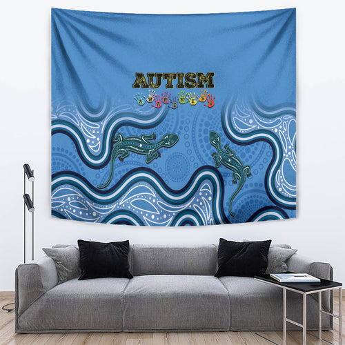 Australia Autism Awareness Tapestry In April We Wear Blue Aboriginal Lizard