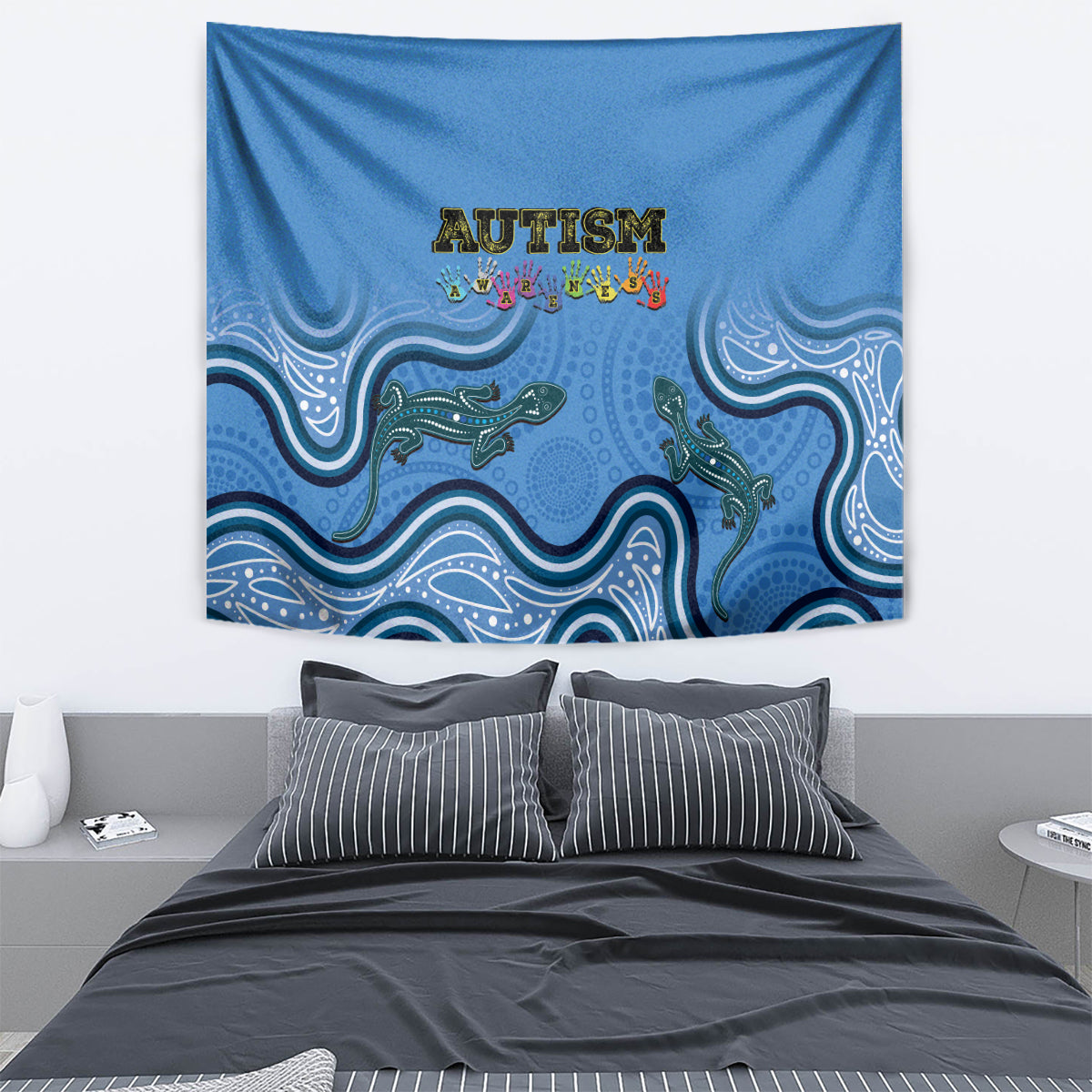 Australia Autism Awareness Tapestry In April We Wear Blue Aboriginal Lizard