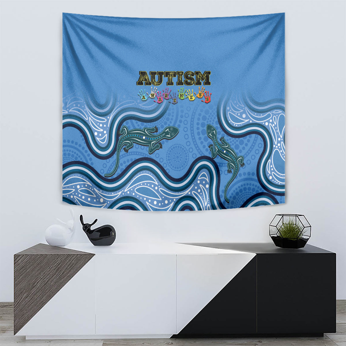 Australia Autism Awareness Tapestry In April We Wear Blue Aboriginal Lizard