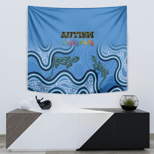 Australia Autism Awareness Tapestry In April We Wear Blue Aboriginal Lizard
