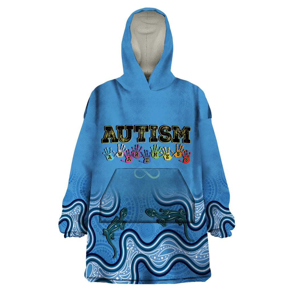 Australia Autism Awareness Wearable Blanket Hoodie In April We Wear Blue Aboriginal Lizard