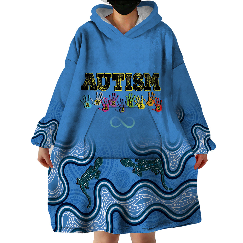 Australia Autism Awareness Wearable Blanket Hoodie In April We Wear Blue Aboriginal Lizard