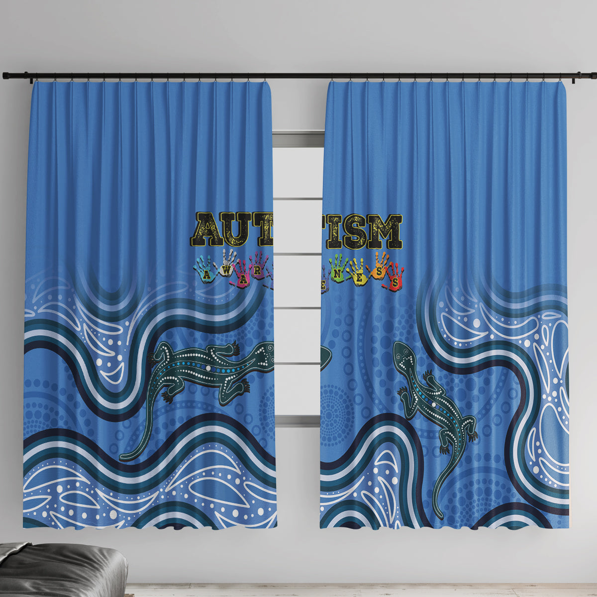 Australia Autism Awareness Window Curtain In April We Wear Blue Aboriginal Lizard