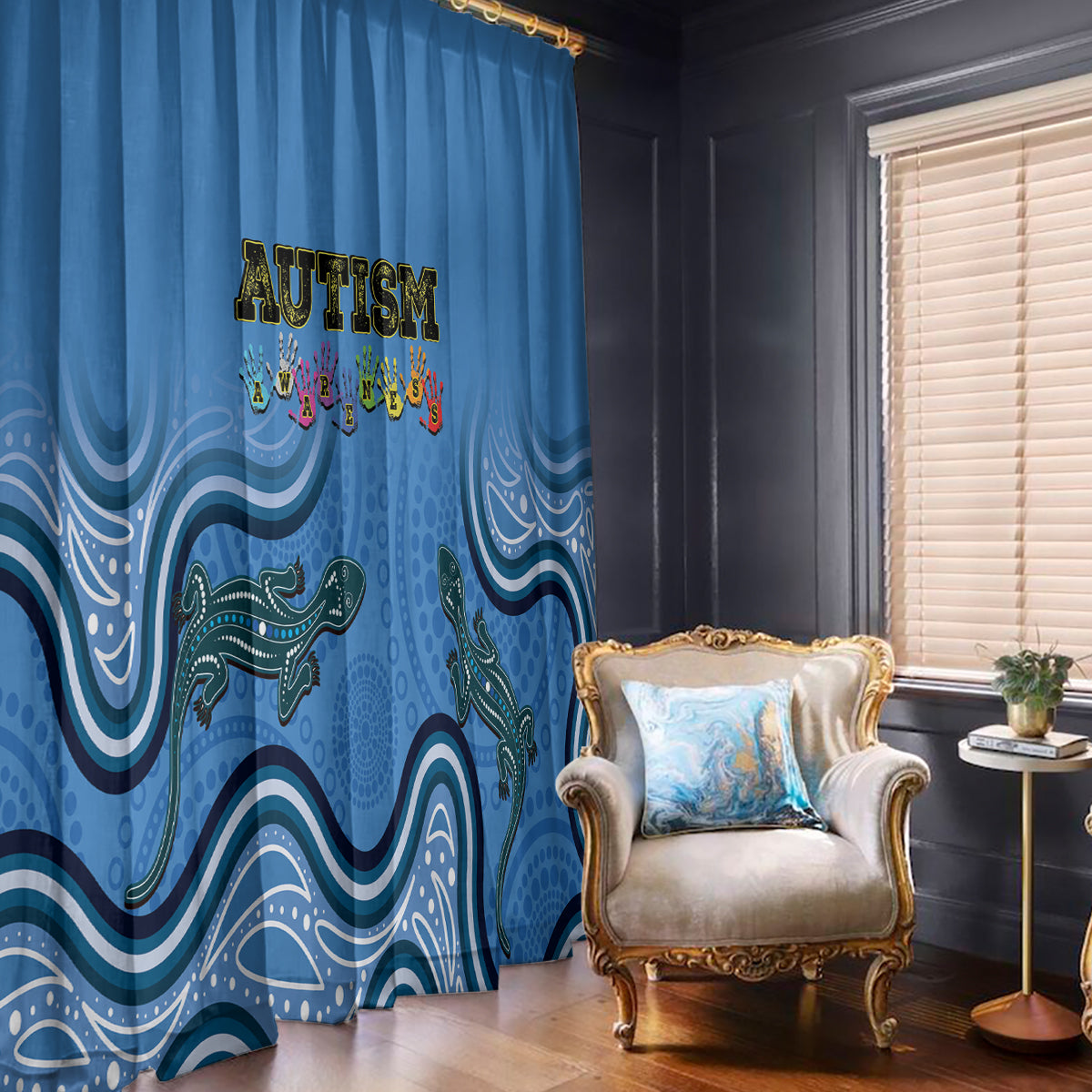 Australia Autism Awareness Window Curtain In April We Wear Blue Aboriginal Lizard
